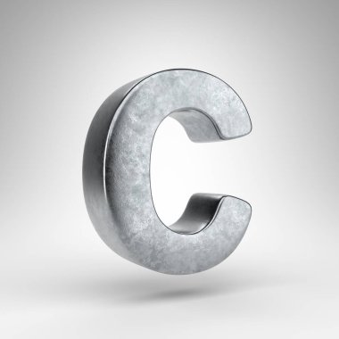 Beyaz arka planda büyük C harfi. Sert metal desenli 3D Gun metali yazı tipi.