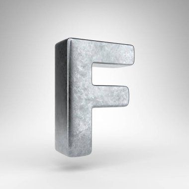 Beyaz arka planda büyük harf F. Sert metal desenli 3D Gun metali yazı tipi.