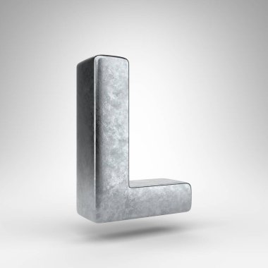 Beyaz arka planda büyük harf L. Sert metal desenli 3D Gun metali yazı tipi.