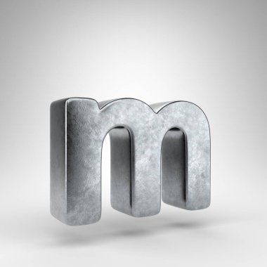 Beyaz arka planda M harfi küçük harf. Sert metal desenli 3D Gun metali yazı tipi.