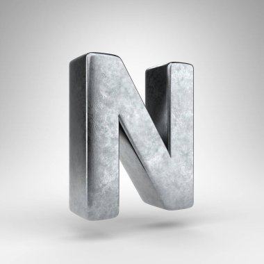 Beyaz arka planda N harfi büyük harf. Sert metal desenli 3D Gun metali yazı tipi.