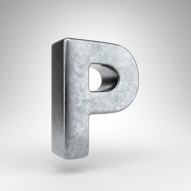Beyaz arka planda P harfi büyük harf. Sert metal desenli 3D Gun metali yazı tipi.