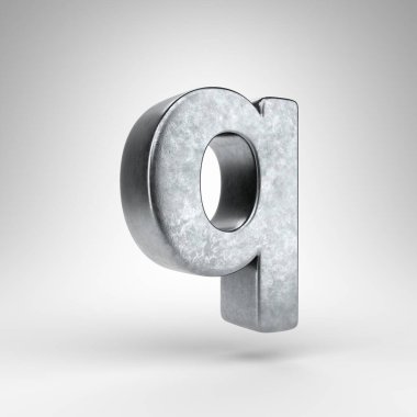 Beyaz arka planda Q harfi küçük harf. Sert metal desenli 3D Gun metali yazı tipi.