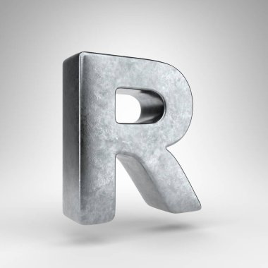 Beyaz arka planda R büyük harfi. Sert metal desenli 3D Gun metali yazı tipi.
