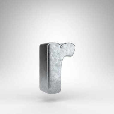 Beyaz arka planda R harfi küçük harf. Sert metal desenli 3D Gun metali yazı tipi.