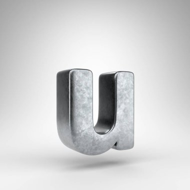 Beyaz arka planda U harfi. Sert metal desenli 3D Gun metali yazı tipi.