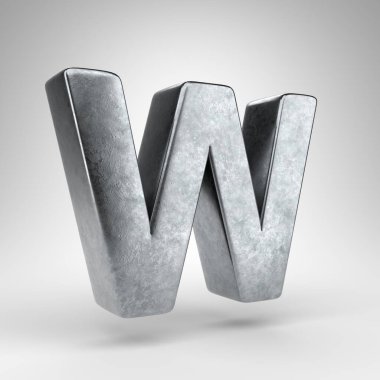 Beyaz arka planda W harfi büyük harf. Sert metal desenli 3D Gun metali yazı tipi.