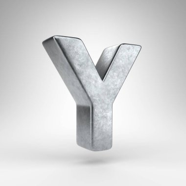 Beyaz arka planda Y büyük harfi. Sert metal desenli 3D Gun metali yazı tipi.