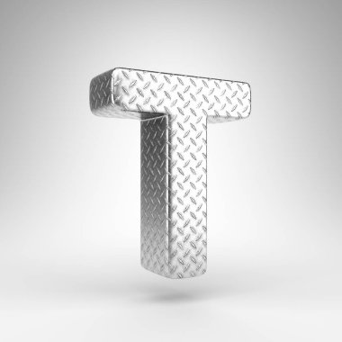 Beyaz arka planda büyük harf T. Damalı plaka dokusuna sahip alüminyum 3B harf.