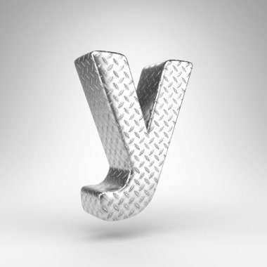 Beyaz arka planda Y harfi küçük harf. Damalı tabak dokusuna sahip 3D alüminyum yazı tipi.