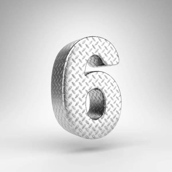 Number 6 on white background. Aluminium 3D number with checkered plate texture. — Stock Photo, Image