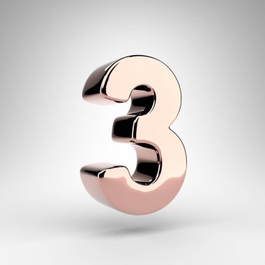 Beyaz arka planda 3 numara. Parlak krom yüzeyi olan gül rengi 3D renkte numara.