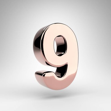Beyaz arka planda 9 numara. Parlak krom yüzeyi olan gül rengi 3D renkte numara.