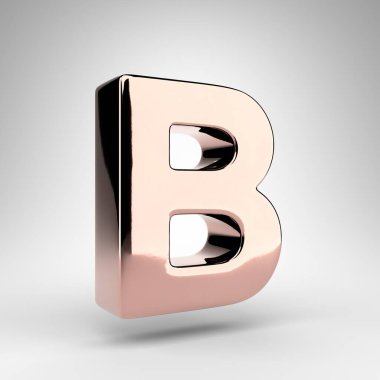 Beyaz arka planda büyük harf B. Parlak krom yüzeyli gül rengi 3D yazı tipi.