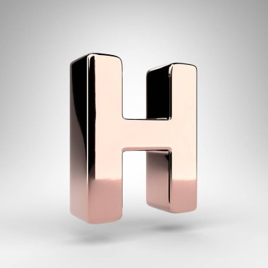 Beyaz arka planda H büyük harfi. Parlak krom yüzeyli gül rengi 3D yazı tipi.