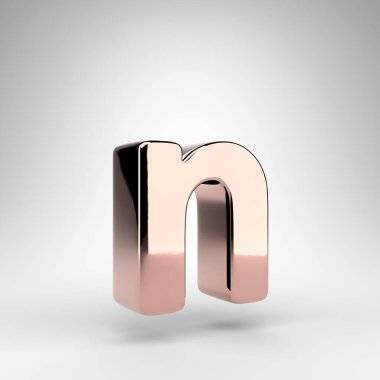 Beyaz arka planda N harfi küçük harf. Parlak krom yüzeyli gül rengi 3D yazı tipi.