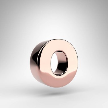 Beyaz arka planda O harfi küçük harf. Parlak krom yüzeyli gül rengi 3D yazı tipi.