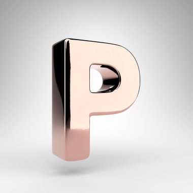Beyaz arka planda P harfi büyük harf. Parlak krom yüzeyli gül rengi 3D yazı tipi.