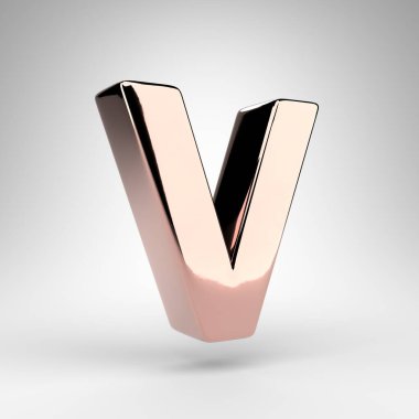 Beyaz arka planda V harfi büyük harf. Parlak krom yüzeyli gül rengi 3D yazı tipi.