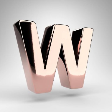 Beyaz arka planda W harfi büyük harf. Parlak krom yüzeyli gül rengi 3D yazı tipi.