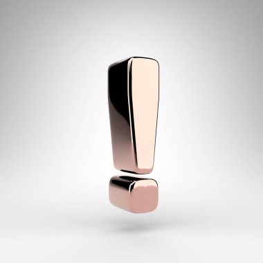 Beyaz arkaplanda ünlem işareti sembolü. Parlak krom yüzeyi olan gül rengi 3D işlemeli işaret..