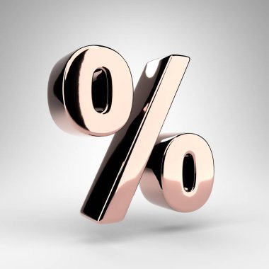 Beyaz arka planda yüzde işareti. Parlak krom yüzeyi olan gül rengi 3D işlemeli işaret..