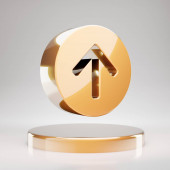Nyíl Circle Up ikon. Sárga arany nyíl Circle Up szimbólum arany pódiumon. 3D kiolvasztott közösségi média ikon.