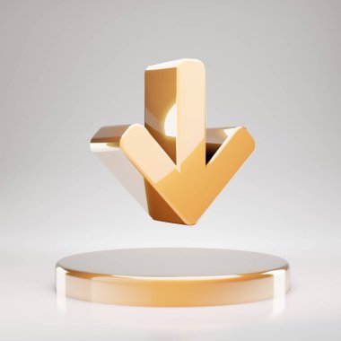 Ok Aşağı simgesi. Sarı Altın Ok Düştü sembolü altın podyumda. 3D oluşturulmuş Sosyal Ortam Simgesi.