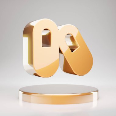 Kapsül simgesi. Sarı Altın Kapsüller altın podyumda. 3D oluşturulmuş Sosyal Ortam Simgesi.