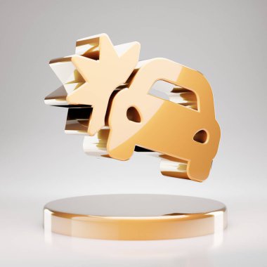 Araba kazası ikonu. Altın kürsüde sarı altın rengi araba kazası sembolü. 3D oluşturulmuş Sosyal Ortam Simgesi.