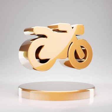 Motosiklet ikonu. Sarı Altın Motosiklet sembolü altın podyumda. 3D oluşturulmuş Sosyal Ortam Simgesi.