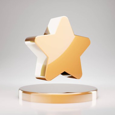 Yıldız ikonu. Altın kürsüde Sarı Altın Yıldız sembolü. 3D oluşturulmuş Sosyal Ortam Simgesi.