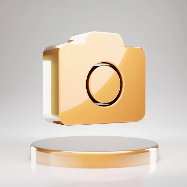 Fotokamera Symbol Gelbgoldene Fotokamera Auf Goldenem Podium Gerendertes Social Media — Stockfoto