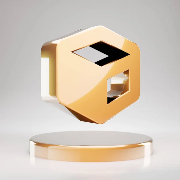 Cube Icon Yellow Gold Cube Symbol Golden Podium Rendered Social — Stock Photo, Image