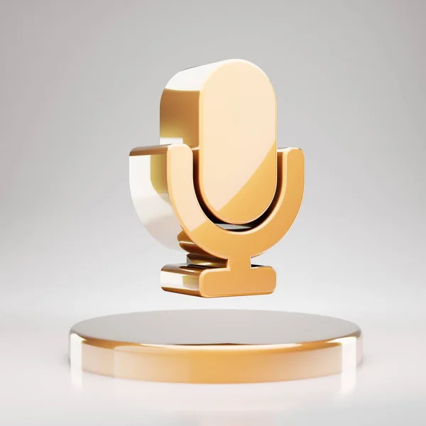 Microphone icon. Yellow Gold Microphone symbol on golden podium. 3D rendered Social Media Icon.