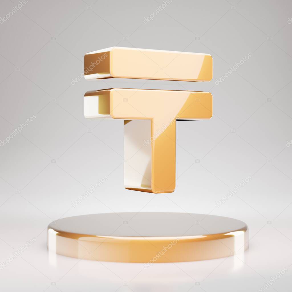 Tenge icon. Yellow Gold Tenge symbol on golden podium. 3D rendered Social Media Icon.