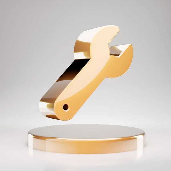 Schraubenschlüssel Symbol Gelbgoldener Schraubenschlüssel Auf Dem Goldenen Podium Gerendertes Social — Stockfoto