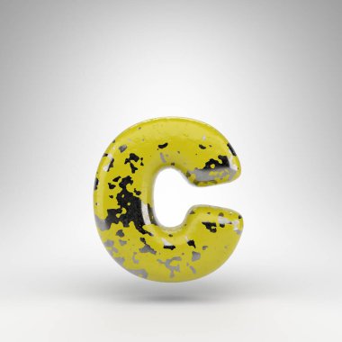 C harfi beyaz arka planda küçük harf. Parlak metal dokusunda eski sarı renkli 3D yazı tipi..