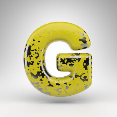 Beyaz arka planda G harfi büyük harf. Parlak metal dokusunda eski sarı renkli 3D yazı tipi..