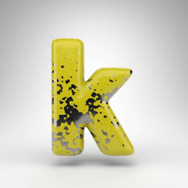 Beyaz arka planda K harfi küçük harf. Parlak metal dokusunda eski sarı renkli 3D yazı tipi..