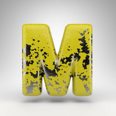 Beyaz arka planda M harfi büyük harf. Parlak metal dokusunda eski sarı renkli 3D yazı tipi..