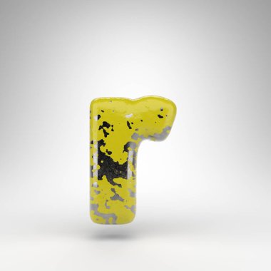 Beyaz arka planda R harfi küçük harf. Parlak metal dokusunda eski sarı renkli 3D yazı tipi..