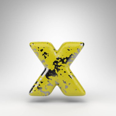 Beyaz arka planda X harfi küçük harf. Parlak metal dokusunda eski sarı renkli 3D yazı tipi..