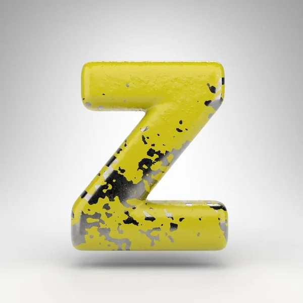 字母Z大写字母白色背景 在光泽金属纹理上用黄色的旧油漆绘制3D字体 — 图库照片