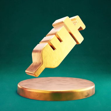 Şırınga ikonu. Tidewater Green arka planlı Fortuna Altın Şırıngası sembolü. Sosyal Ortam Simgesi.