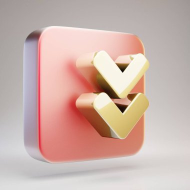 Çift Açı İkili Simgesi. Kırmızı altın tepside Altın Angle Double Down sembolü. 3D oluşturulmuş Sosyal Ortam Simgesi.