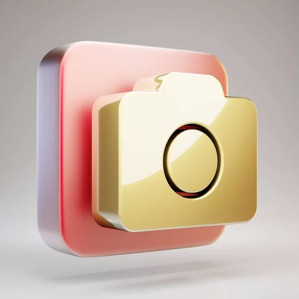 Fotokamera Symbol Goldene Fotokamera Auf Rotem Mattgoldenem Teller Gerendertes Social — Stockfoto