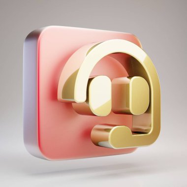 Kulaklık simgesi. Kırmızı altın tepside altın kulaklık sembolü. 3D oluşturulmuş Sosyal Ortam Simgesi.