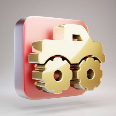 Canavar Kamyon ikonu. Altın Canavar Kamyonu sembolü kırmızı mat altın tepside. 3D oluşturulmuş Sosyal Ortam Simgesi.