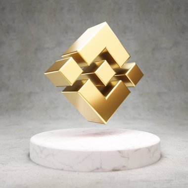 Binance şifreleme simgesi. Beyaz mermer kürsüde altın 3D işlemeli Binance sembolü.